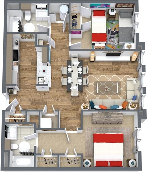 Floor plan for 2 beds, 2 baths, 997 sqft